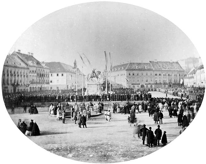 Trg bana Jelačića 1866. godine, spomenik